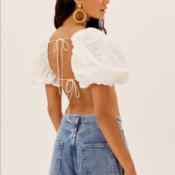For Love & Lemons Myla White Puff Sleeve Top Size M - Picture 2 of 7